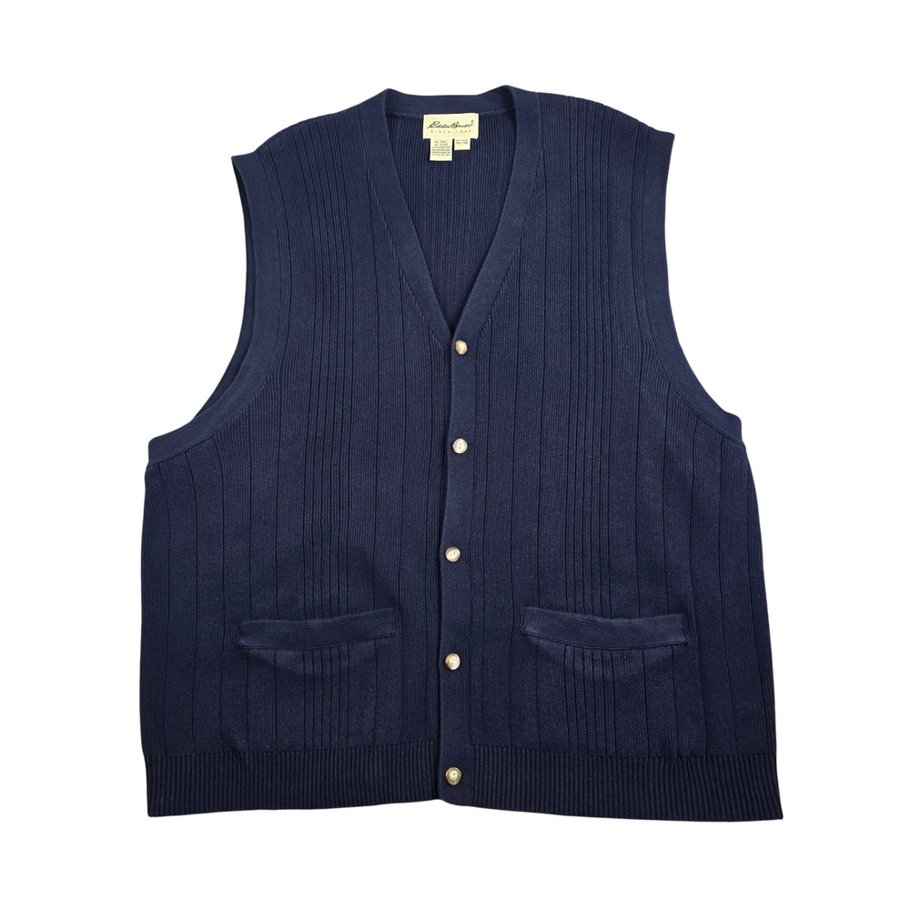 Vintage Eddie Bauer Cardigan Sweater Vest Men XL Navy Cotton Ribbed Button Front